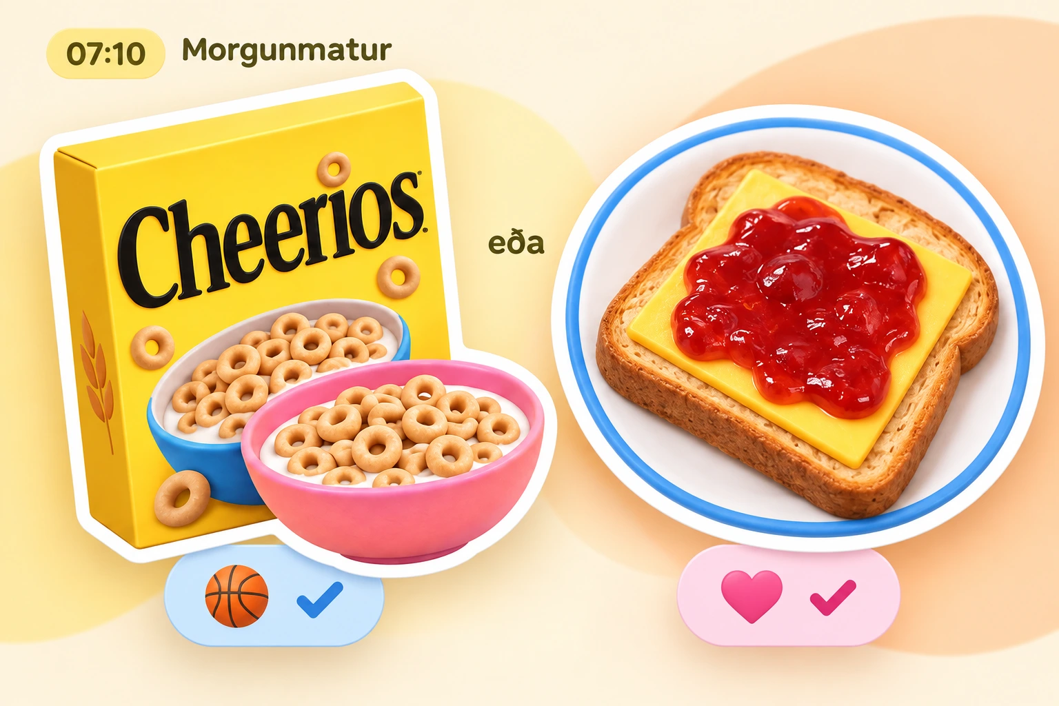 An oversized breakfast detail with Cheerios and cheese-and-jam toast, the 07:10 start time and separate blue and pink choice markers.