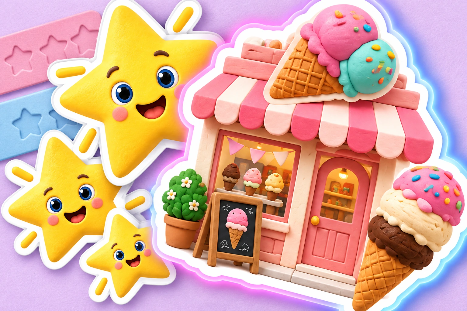 A close-up composition of smiling star stickers, a pink ice cream shop with a soft pink-and-blue halo.