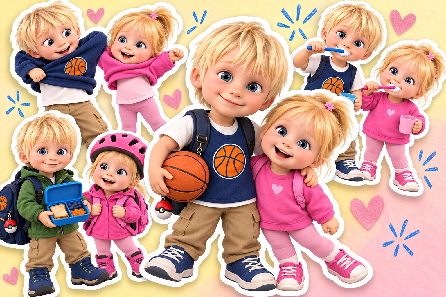 A playful overlapping collage of the clay sibling stickers, getting dressed, brushing teeth and ready for school.